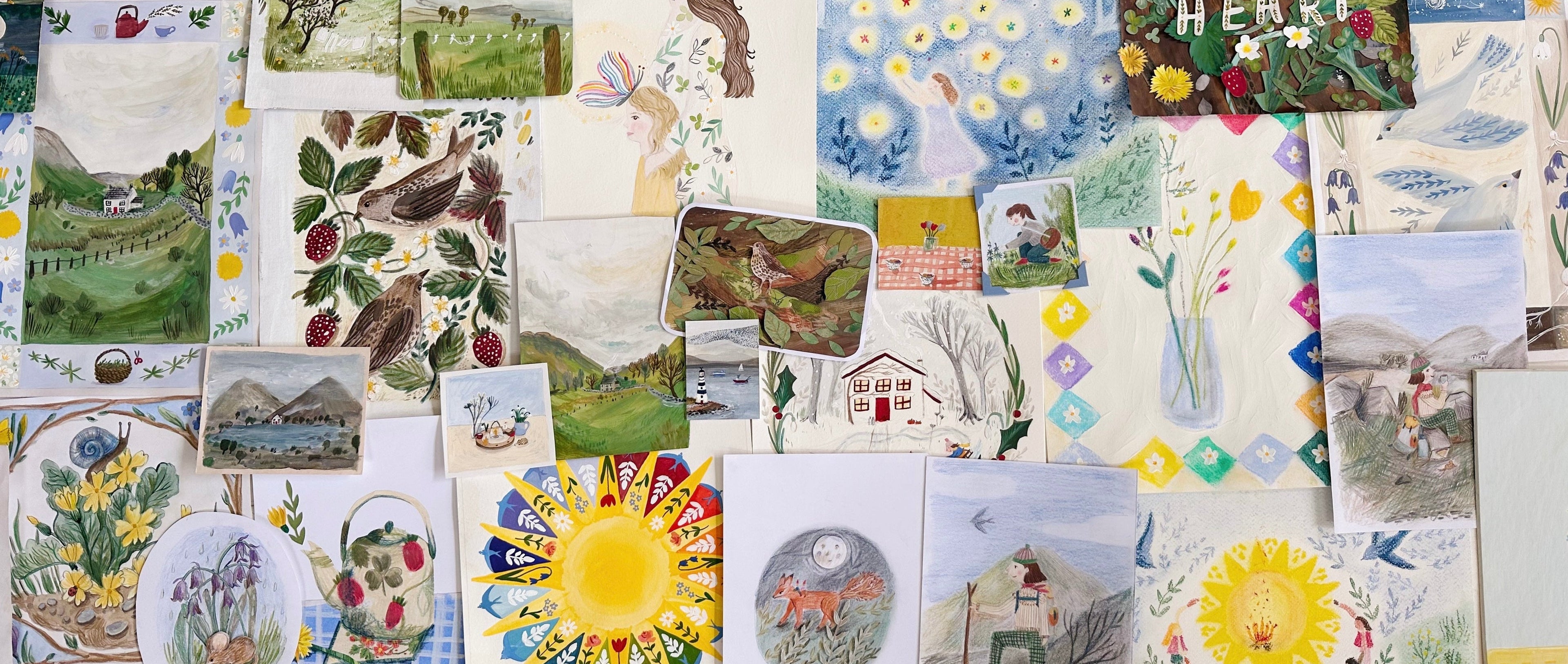 Collage of various nature-themed postcards with flowers, animals, and landscapes.